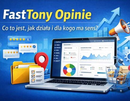 Laptop z panelem FastTony pokazującym wykresy wzrostu, obok ikony symbolizujące e-commerce, reklamy, opinie klientów i automatyzację procesów