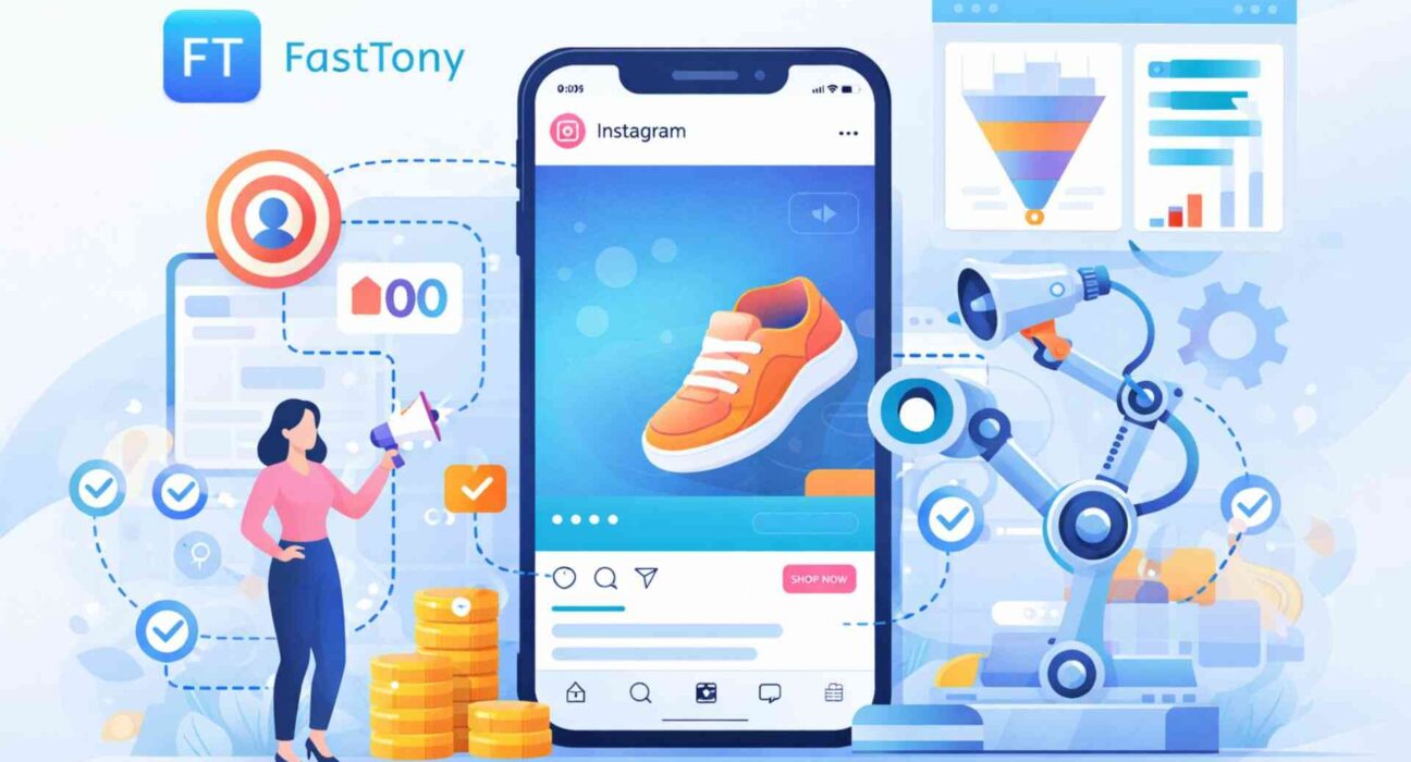 Ilustracja przedstawiająca FastTony Insta jako narzędzie do automatyzacji reklam na Instagramie dla firm