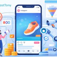 Ilustracja przedstawiająca FastTony Insta jako narzędzie do automatyzacji reklam na Instagramie dla firm