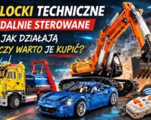 Klocki techniczne zdalnie sterowane – koparka, ciężarówka i niebieski samochód z pilotem