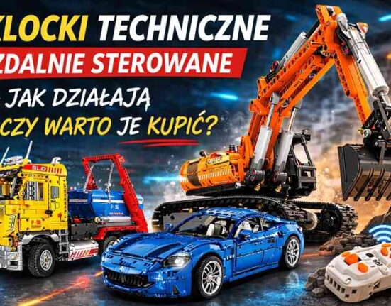 Klocki techniczne zdalnie sterowane – koparka, ciężarówka i niebieski samochód z pilotem
