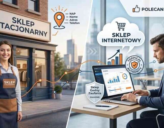 Strategia jak reklamować sklep internetowy i stacjonarny 2026 – profesjonalna prezentacja pakietów AutoSEO z logo Polecane Sklepy.
