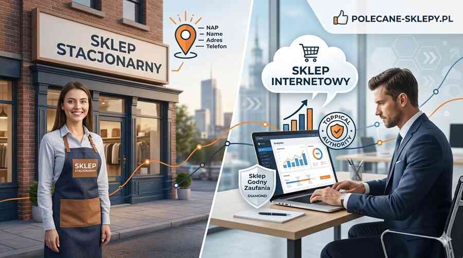 Strategia jak reklamować sklep internetowy i stacjonarny 2026 – profesjonalna prezentacja pakietów AutoSEO z logo Polecane Sklepy.