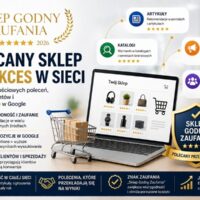 Grafika przedstawiająca laptop ze sklepem internetowym oraz odznakę „Sklep Godny Zaufania 2026”, symbolizującą polecenia online i budowanie wiarygodności sklepu w internecie
