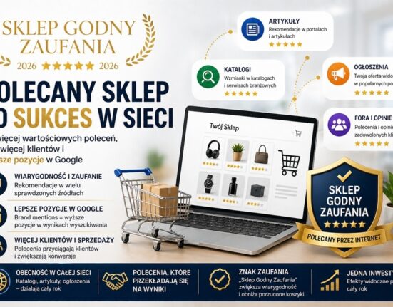 Grafika przedstawiająca laptop ze sklepem internetowym oraz odznakę „Sklep Godny Zaufania 2026”, symbolizującą polecenia online i budowanie wiarygodności sklepu w internecie