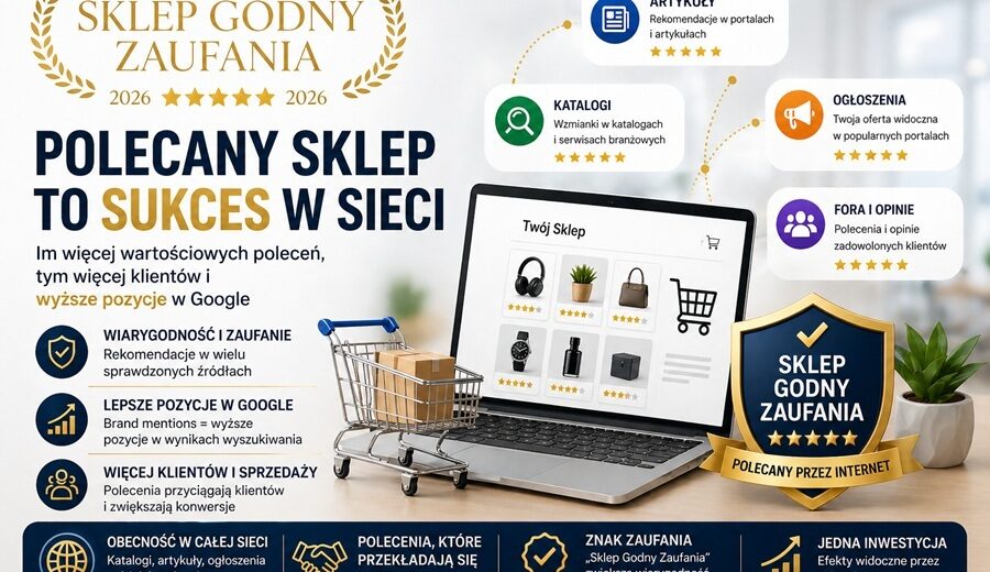 Grafika przedstawiająca laptop ze sklepem internetowym oraz odznakę „Sklep Godny Zaufania 2026”, symbolizującą polecenia online i budowanie wiarygodności sklepu w internecie