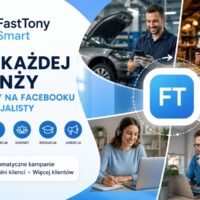 Grafika promująca FastTony Smart dla różnych branż. Na ilustracji widoczni są przedstawiciele warsztatu samochodowego, restauracji, gabinetu kosmetycznego, edukacji i agencji marketingowej korzystający ze smartfonów i komputerów. W centrum znajduje się logo FastTony Smart oraz informacja o automatycznych reklamach na Facebooku bez specjalisty.
