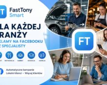 Grafika promująca FastTony Smart dla różnych branż. Na ilustracji widoczni są przedstawiciele warsztatu samochodowego, restauracji, gabinetu kosmetycznego, edukacji i agencji marketingowej korzystający ze smartfonów i komputerów. W centrum znajduje się logo FastTony Smart oraz informacja o automatycznych reklamach na Facebooku bez specjalisty.