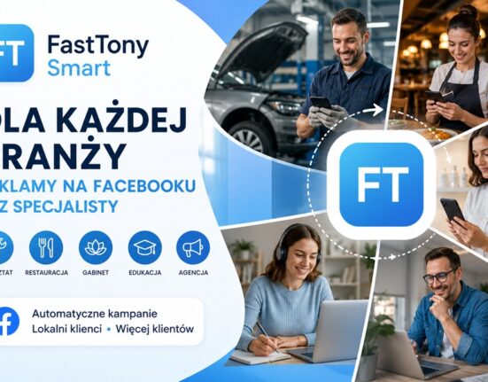 Grafika promująca FastTony Smart dla różnych branż. Na ilustracji widoczni są przedstawiciele warsztatu samochodowego, restauracji, gabinetu kosmetycznego, edukacji i agencji marketingowej korzystający ze smartfonów i komputerów. W centrum znajduje się logo FastTony Smart oraz informacja o automatycznych reklamach na Facebooku bez specjalisty.
