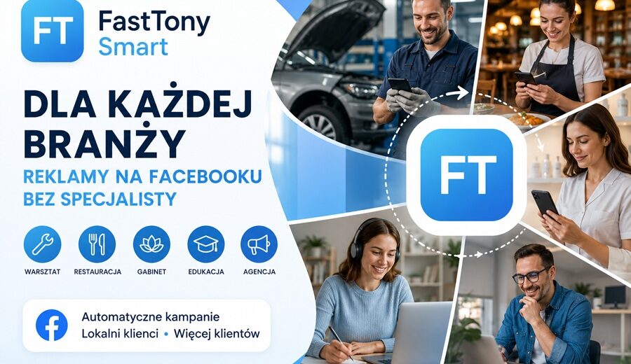Grafika promująca FastTony Smart dla różnych branż. Na ilustracji widoczni są przedstawiciele warsztatu samochodowego, restauracji, gabinetu kosmetycznego, edukacji i agencji marketingowej korzystający ze smartfonów i komputerów. W centrum znajduje się logo FastTony Smart oraz informacja o automatycznych reklamach na Facebooku bez specjalisty.