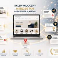 Nowoczesny sklep internetowy połączony siecią powiązań z katalogami sklepów, artykułami branżowymi, opiniami klientów, mapami lokalnymi i systemami sztucznej inteligencji. Grafika przedstawia budowanie widoczności sklepu w Google i AI.