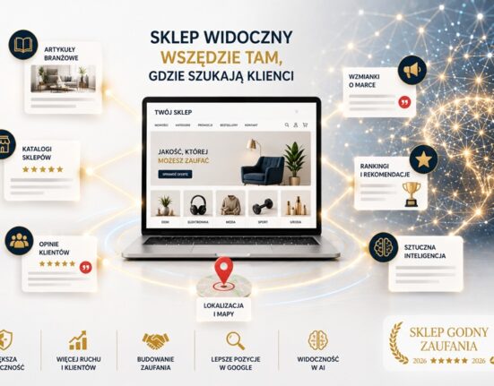 Nowoczesny sklep internetowy połączony siecią powiązań z katalogami sklepów, artykułami branżowymi, opiniami klientów, mapami lokalnymi i systemami sztucznej inteligencji. Grafika przedstawia budowanie widoczności sklepu w Google i AI.
