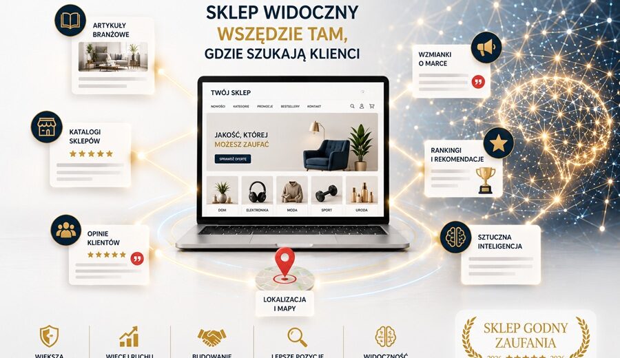 Nowoczesny sklep internetowy połączony siecią powiązań z katalogami sklepów, artykułami branżowymi, opiniami klientów, mapami lokalnymi i systemami sztucznej inteligencji. Grafika przedstawia budowanie widoczności sklepu w Google i AI.
